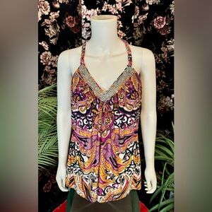INC Pink Orange Paisley Print Rhinestone VNeck Braided Racerback Top Size XL
